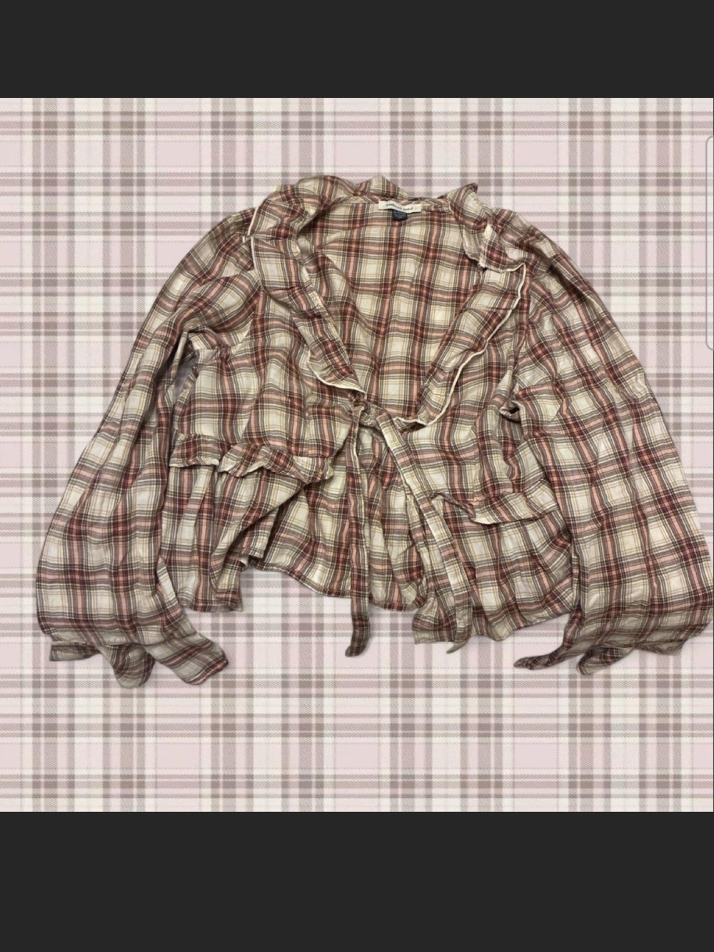 American Eagle Ruffle Plaid Bow Tie Shirt in Cream And Brown